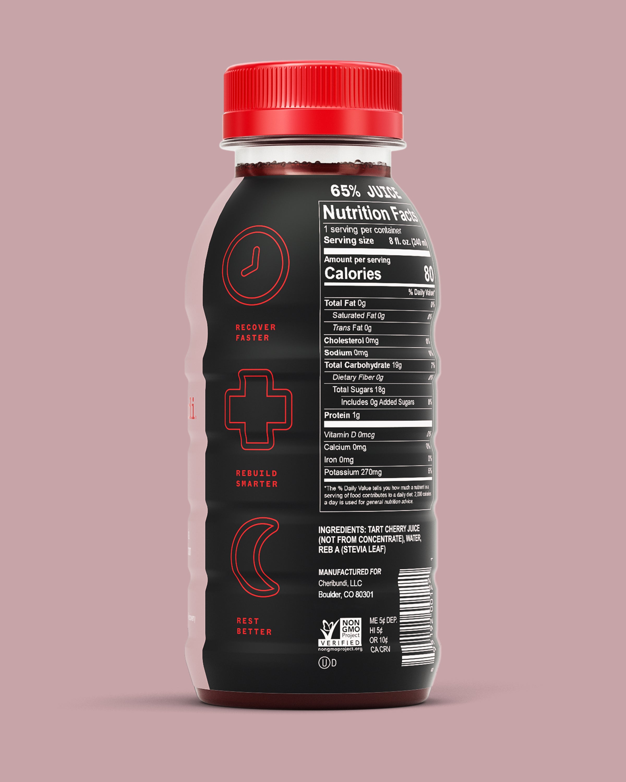 Cheribundi Light, no added sugar cherry juice, back packaging.