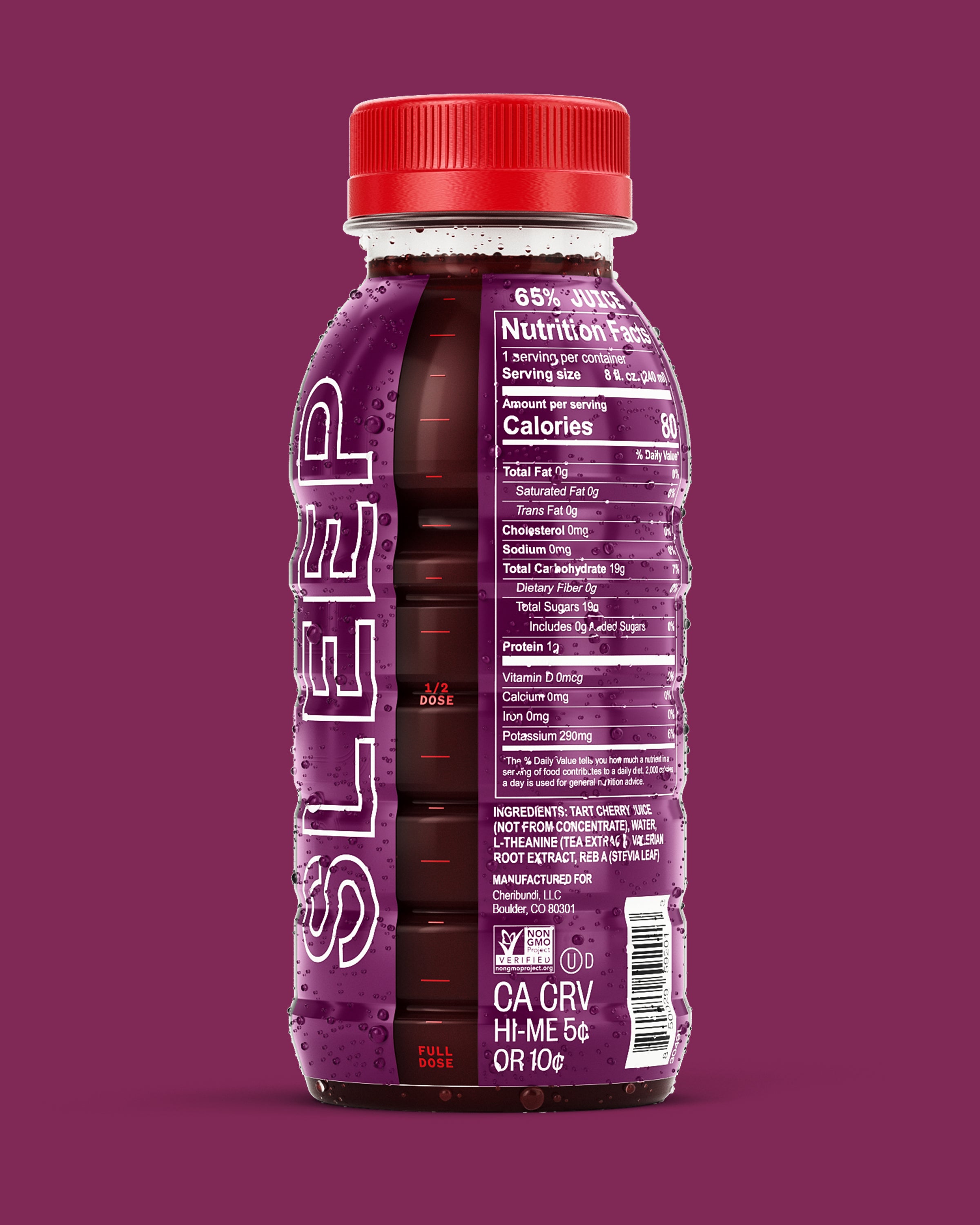 Cheribundi tart cherry juice for sleep back packaging and nutrition label.