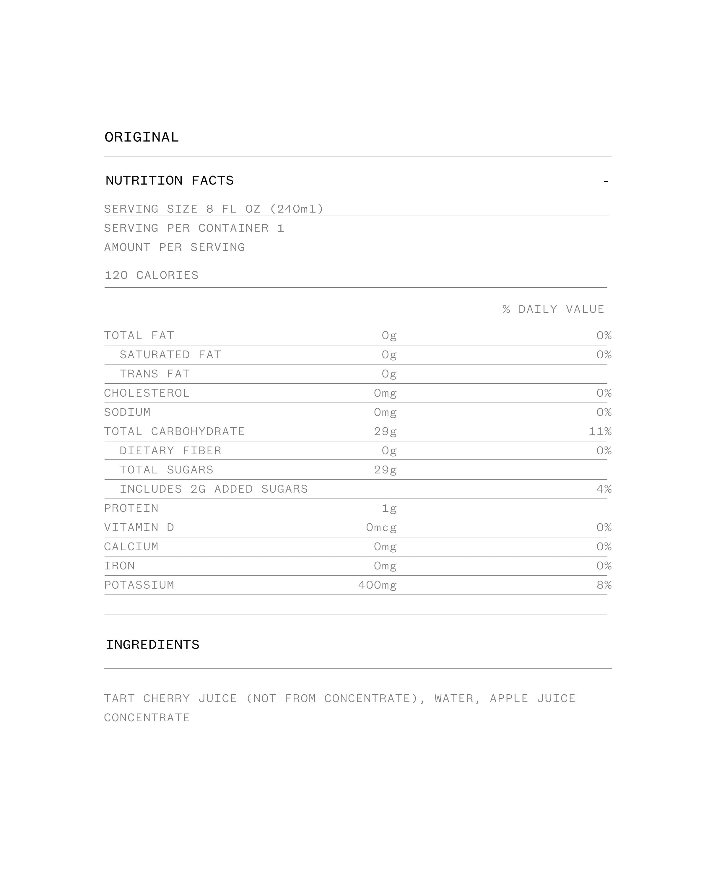 Original Nutrition Facts and Ingredients