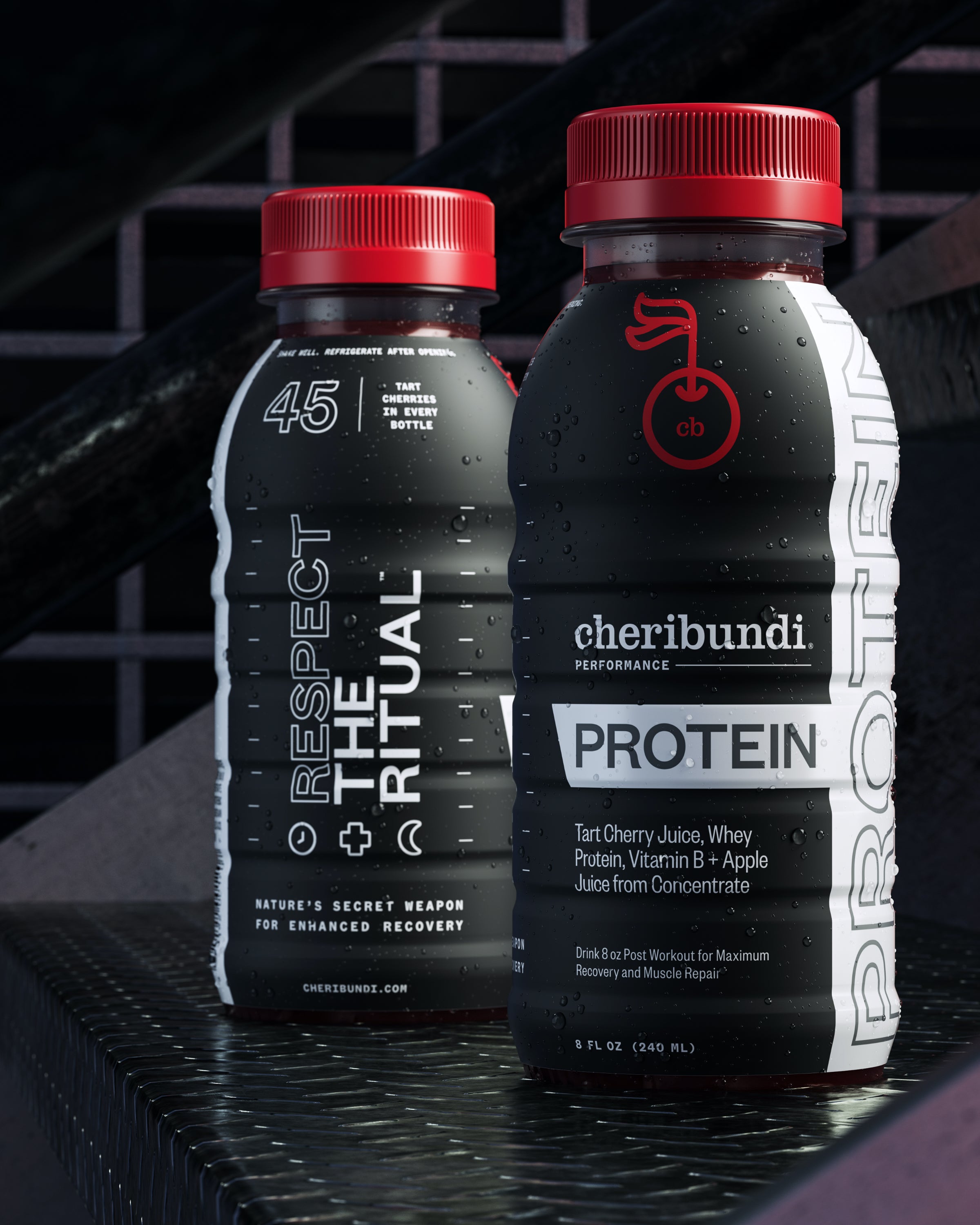 Cheribundi Protein tart cherry juice front and side packaging