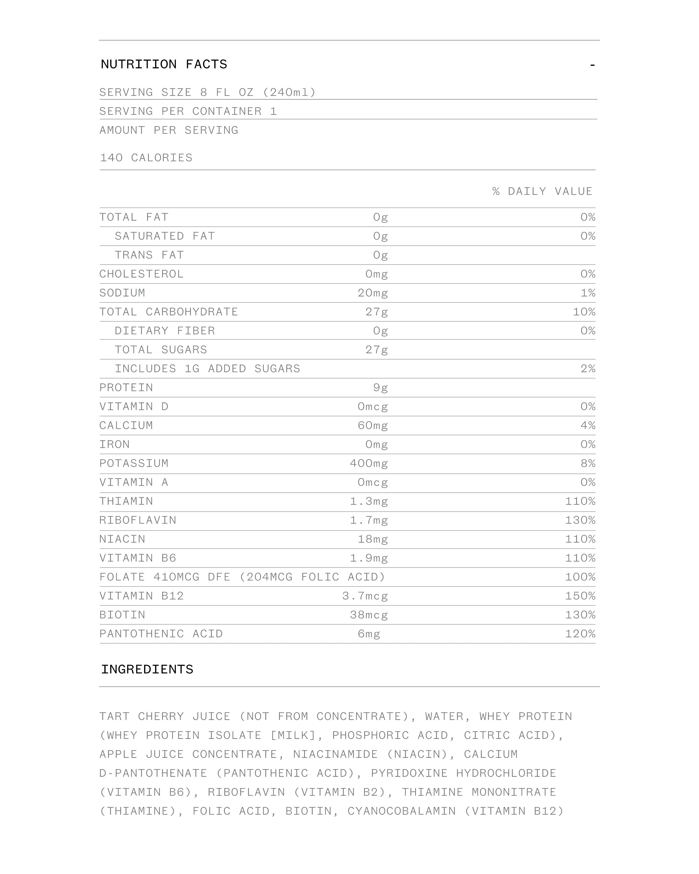 Cheribundi Protein tart cherry juice Nutrition Facts and Ingredients