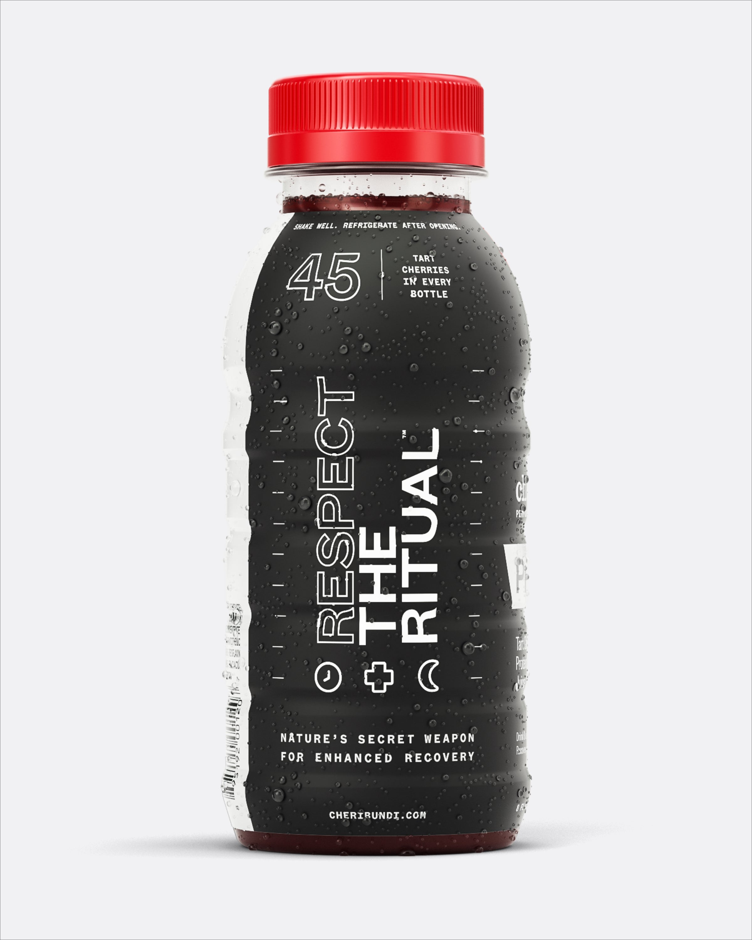 Cheribundi Protein tart cherry juice side packaging on white background