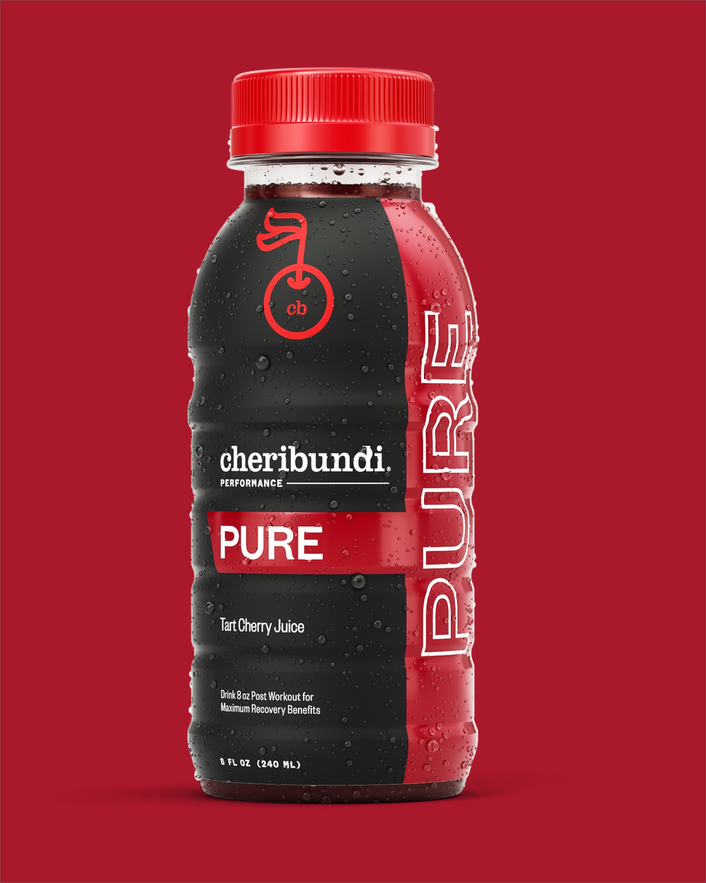 Pure front packaging. Cheribundi pure. Cheribundi 100 tart cherry juice.