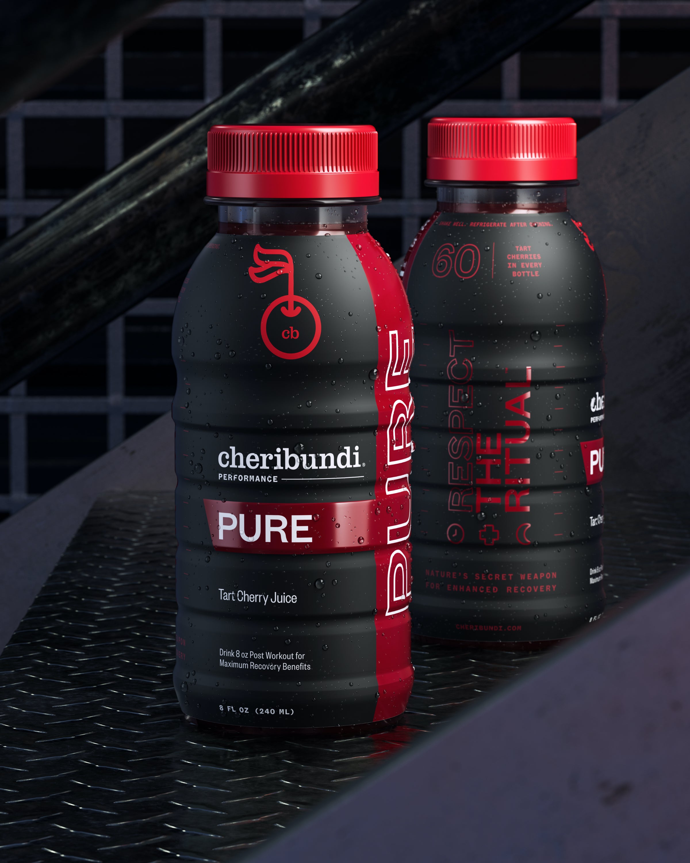 Cheribundi Pure cherry juice not from concentrate front and side packaging
