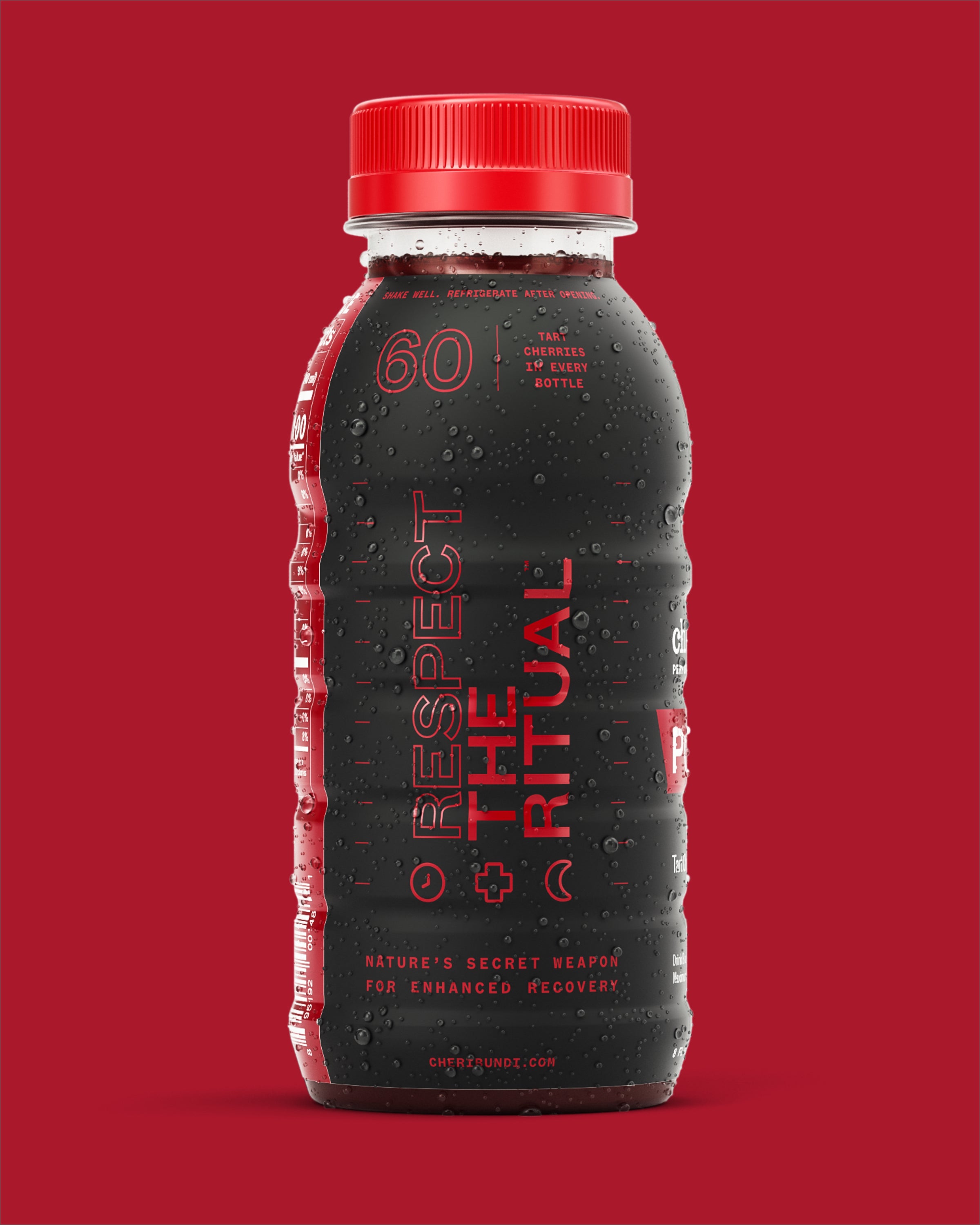 Cheribundi Pure cherry juice not from concentrate side packaging on red background.