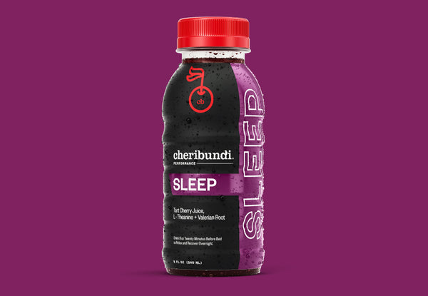 main. Cheribundi tart cherry juice for sleep front packaging on purple background.