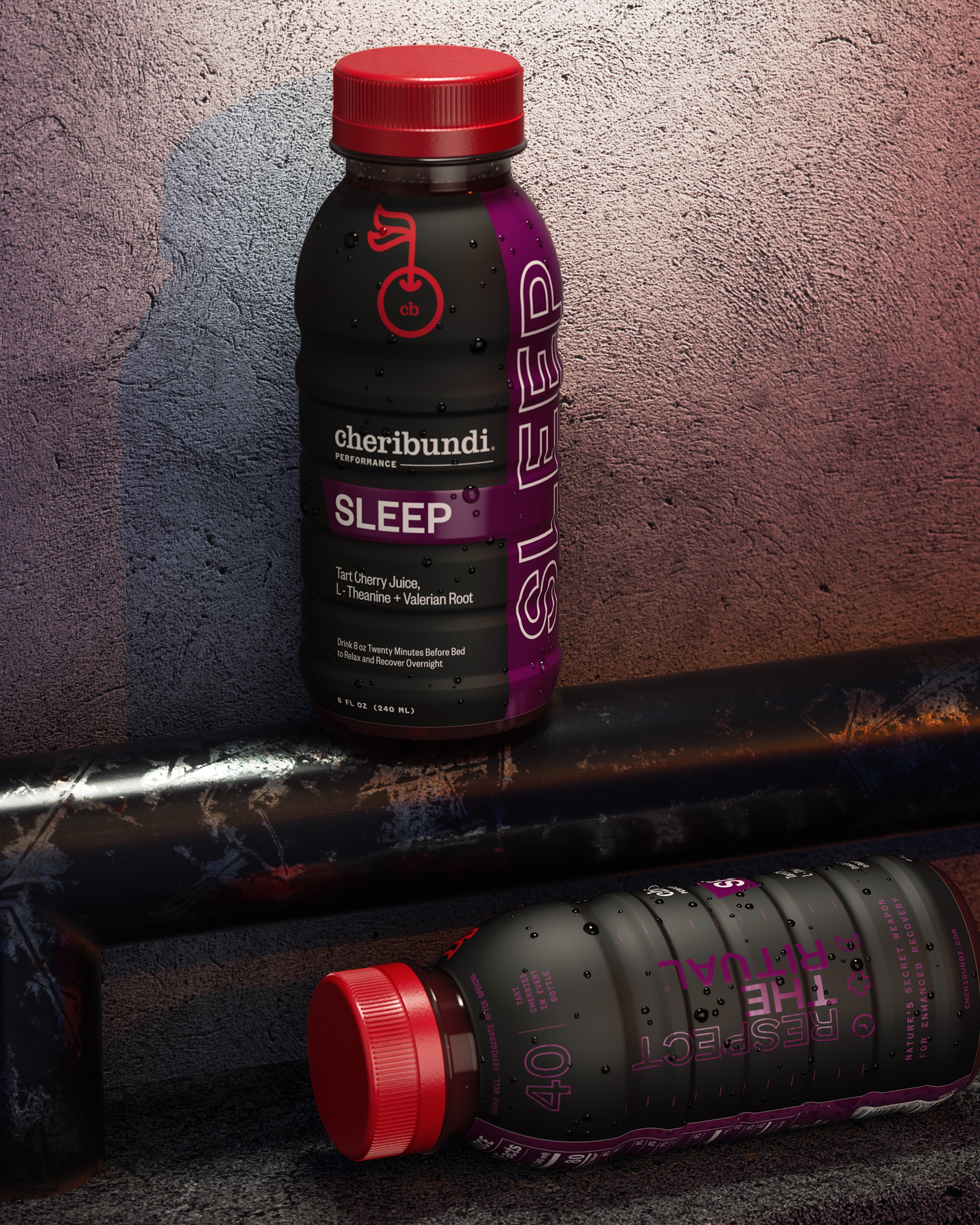 Cheribundi tart cherry juice for Sleep product packaging in urban environment.