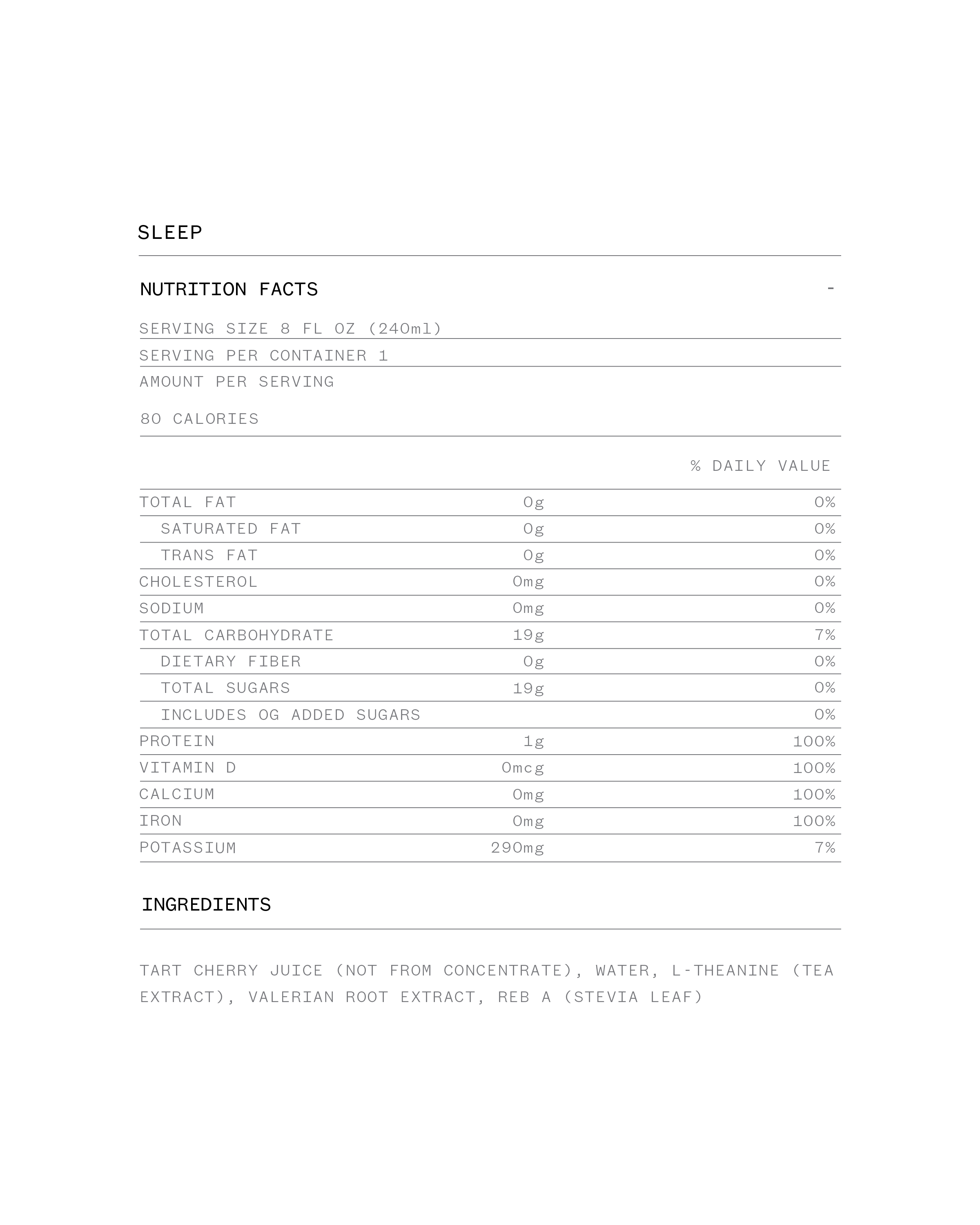 Cheribundi Sleep nutrition facts