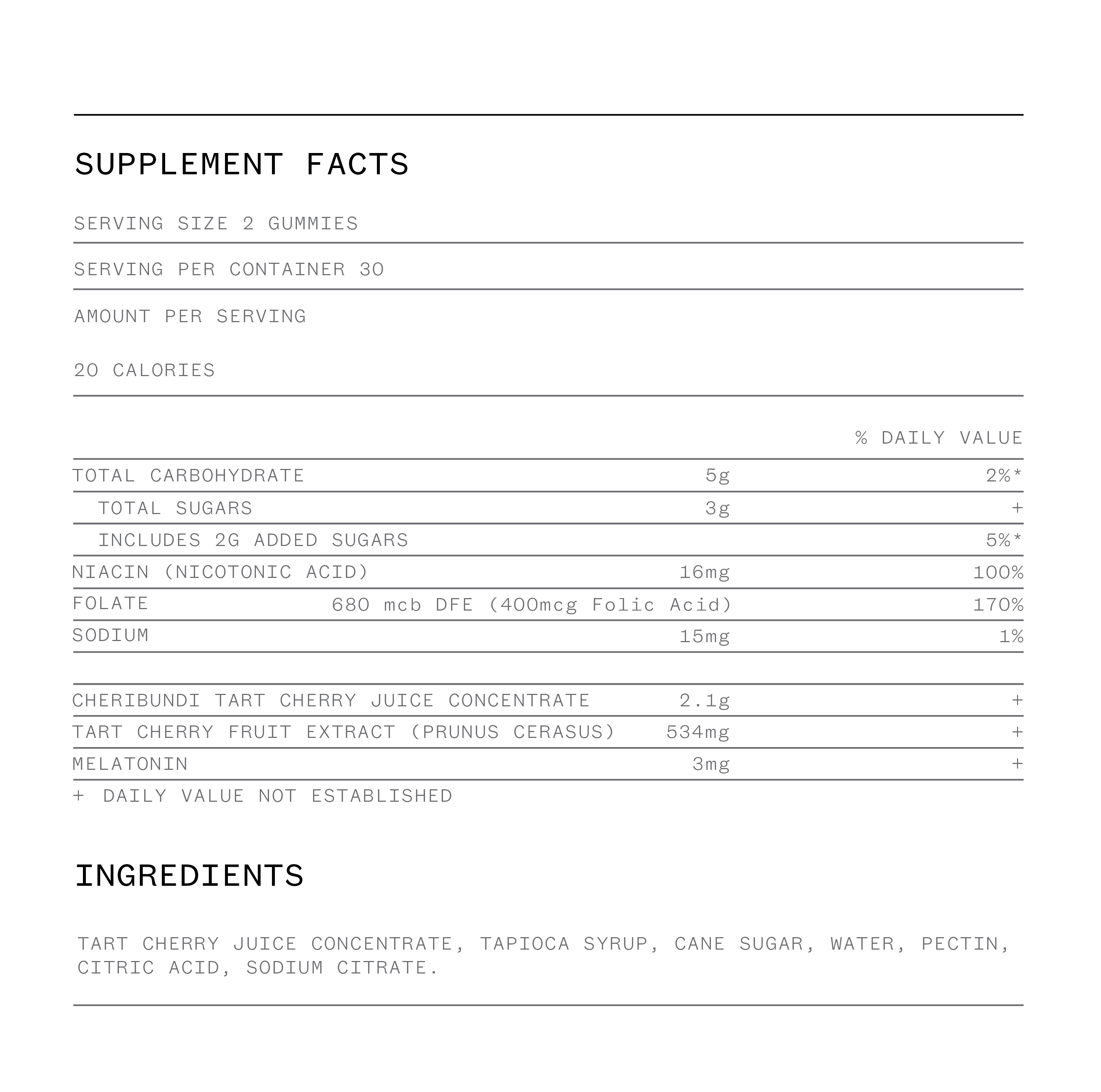 Cheribundi Tart Cherry Juice Gummies for Sleep nutrition facts