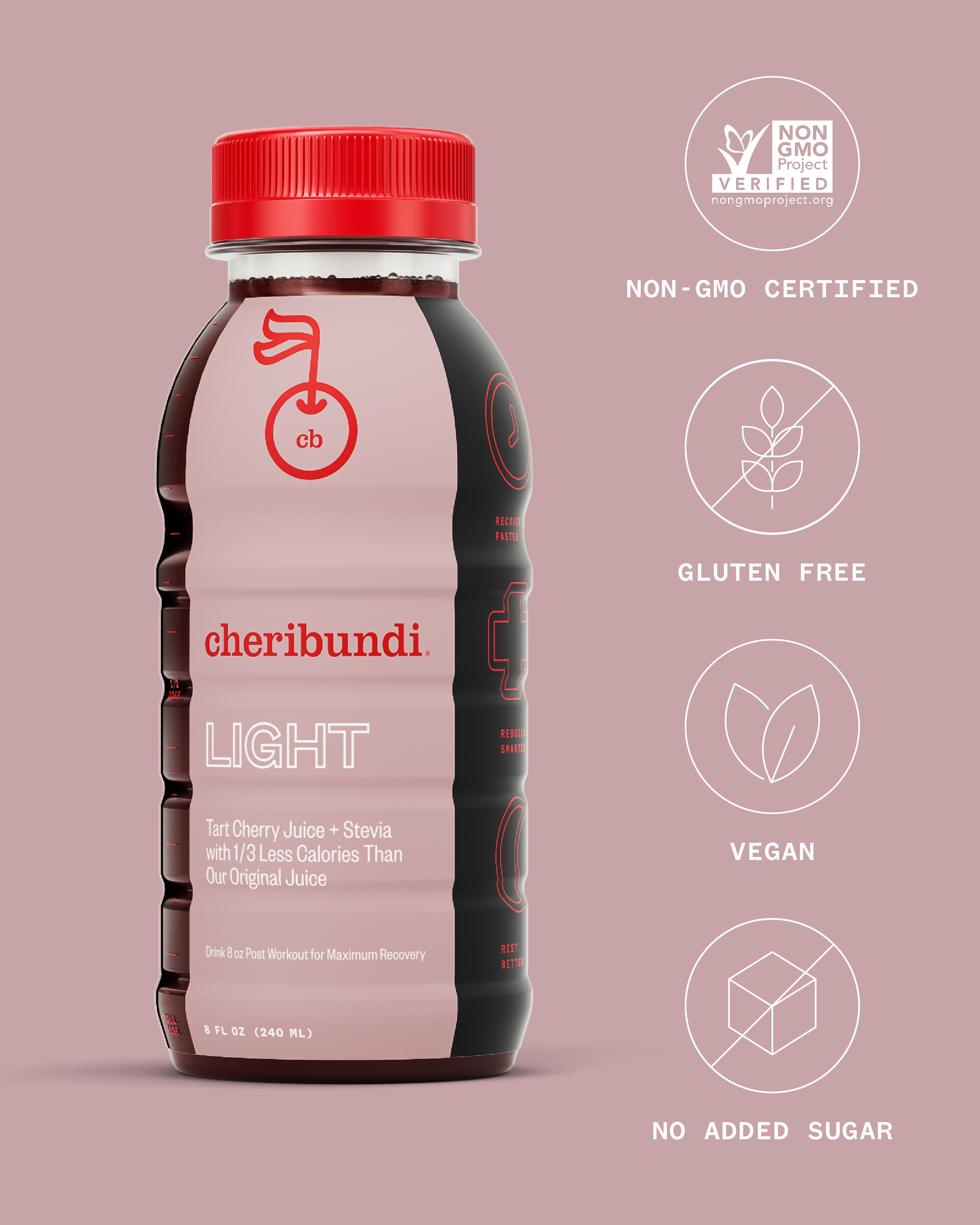 Cheribundi Light, no added sugar cherry juice, front packaging.
