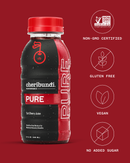 prev. Cheribundi Pure cherry juice not from concentrate front packaging on red background.