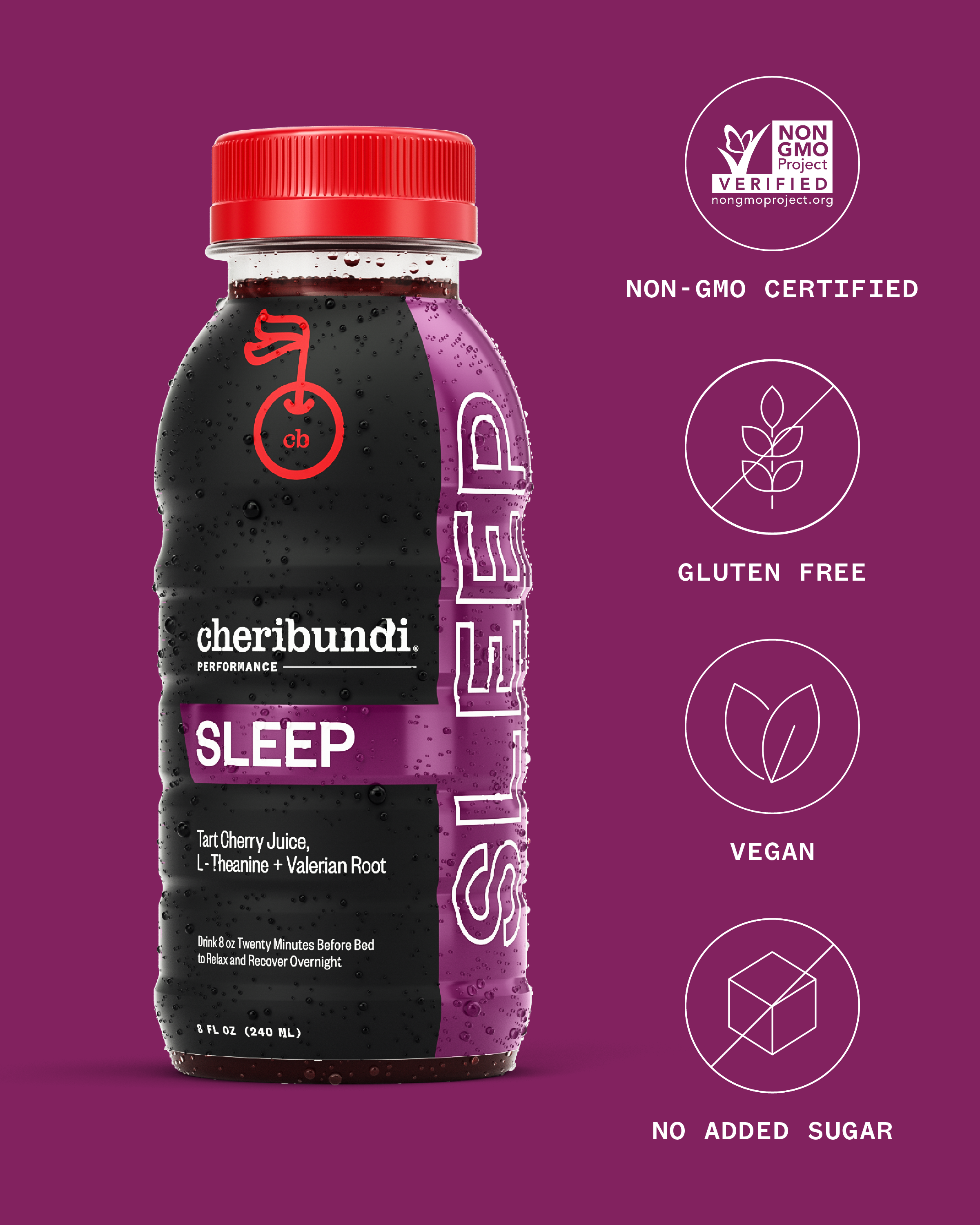 Cheribundi tart cherry juice for Sleep front packaging on purple background.