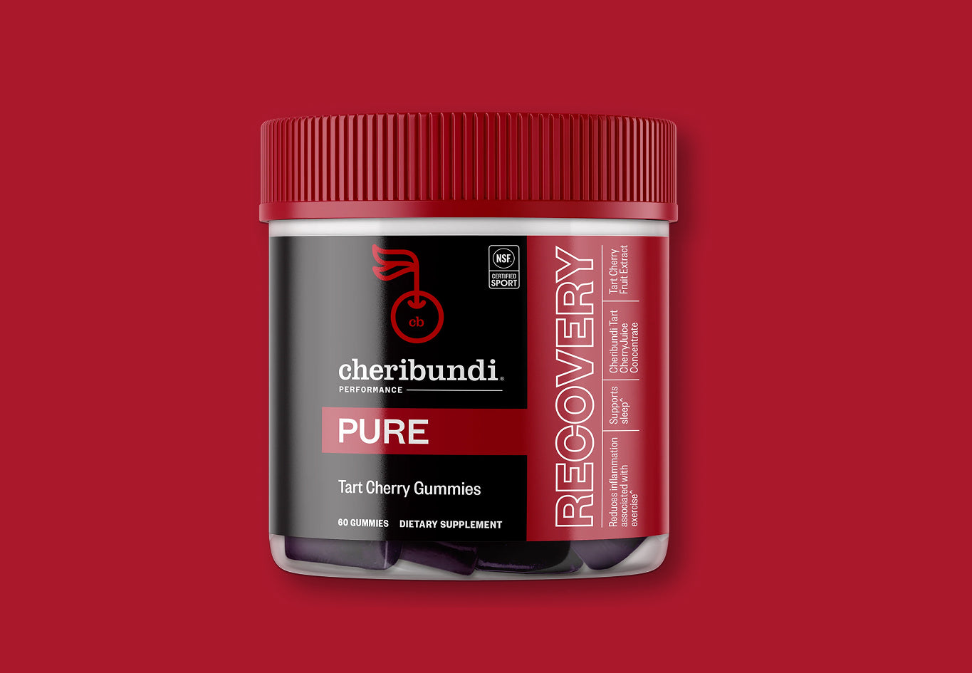 main. A jar of Cheribundi Pure Tart Cherry Gummies on a solid red background. The jar has a red ribbed lid, a black and red label, and a clear lower section showing dark red gummies inside.
