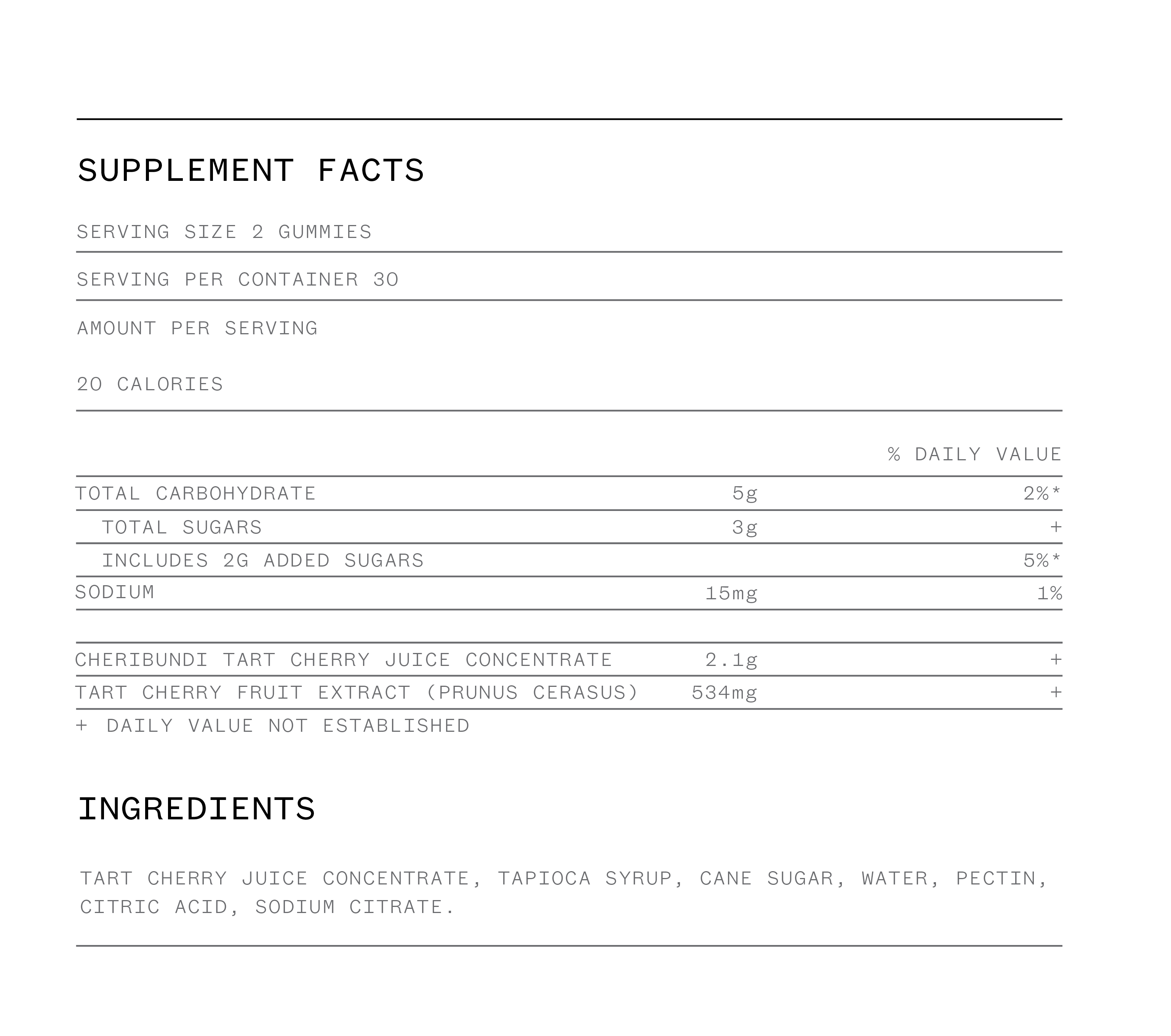 Cheribundi Pure tart cherry gummies nutrition panel