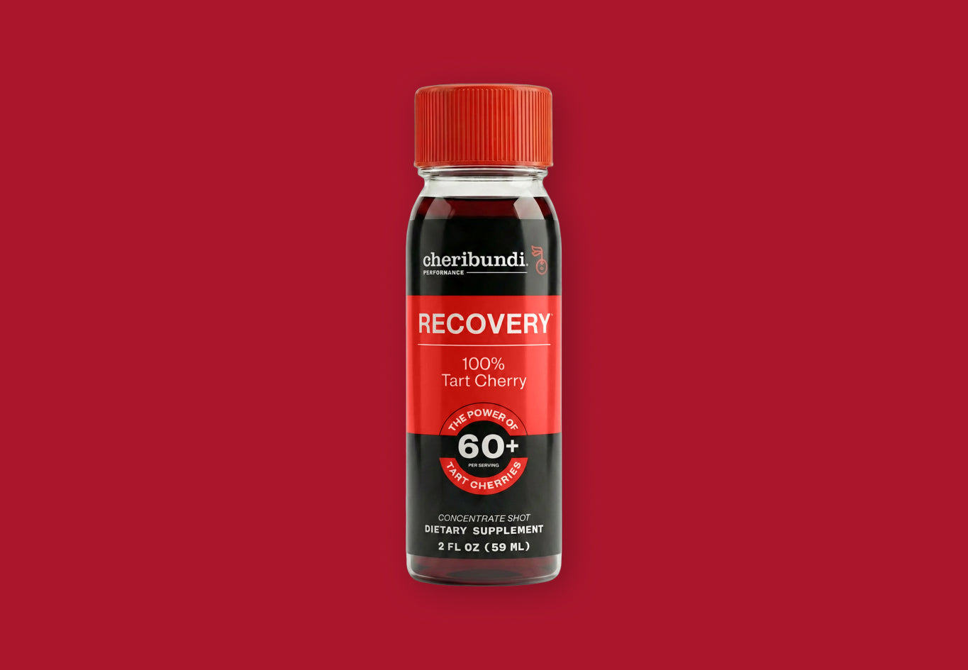 main. A bottle of cheribundi Recovery 100% Tart Cherry dietary supplement, 2 fl oz, centered against a solid dark red background.