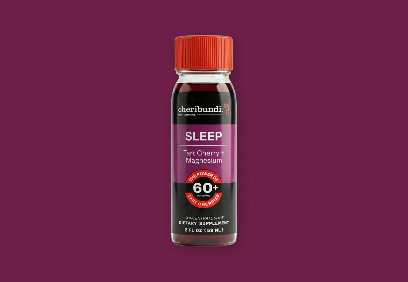 main. A bottle of cheribundi Sleep Tart Cherry + Magnesium dietary supplement, featuring a dark label with a pink and red design and an orange cap, centered on a solid dark purple background.